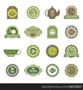 Green tea labels icons set. Ecological green and fermented black tea lemon flavor teabags premium brands labels set abstract isolated vector illustration