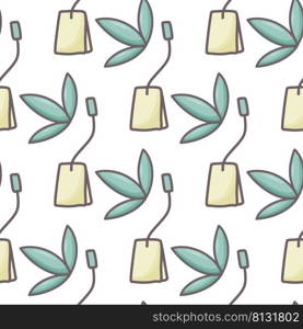 Green tea leaves and tea bags seamless vector pattern. Tea party background. Print for packaging, wallpaper, design. green fresh tea leaves template. Green tea leaves and tea bags seamless vector pattern