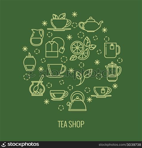 Green tea outline icons in circle design. Trendy thin line logo for shop. Green tea outline icons in circle design. trendy thin line logo for tea shop. Brew herbal tea, vector illustration