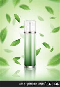 Green tea spray toner mockup with refreshing leaves flying in the air in 3d illustration. Green tea spray toner mockup
