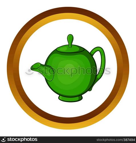 Green teapot vector icon in golden circle, cartoon style isolated on white background. Green teapot vector icon