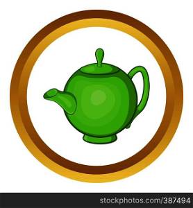 Green teapot vector icon in golden circle, cartoon style isolated on white background. Green teapot vector icon