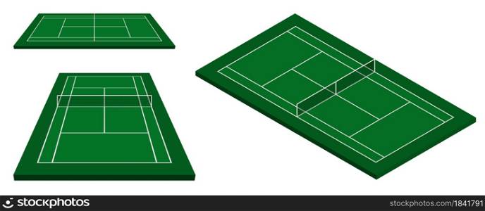 green tennis court in isometric view. Outdoor tennis court. Sports ground for active recreation. Vector