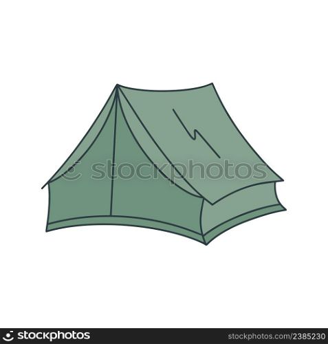 Green tent doodle style vector illustration. Shelter for overnight hiking. Portable travel camp isolated object. Green tent doodle style vector illustration