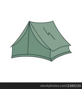 Green tent doodle style vector illustration. Shelter for overnight hiking. Portable travel camp isolated object. Green tent doodle style vector illustration
