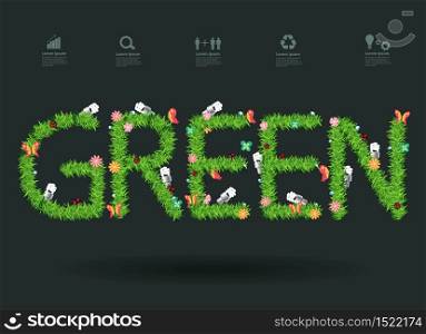 Green text eco concept with green grass alphabet letters design, Vector illustration modern design template