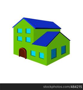 Green three-storey house cartoon icon on a white background. Green three-storey house cartoon icon