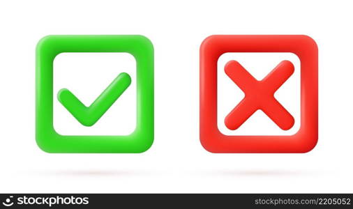 Green tick check mark and cross mark symbols icon element in square, Simple ok yes no graphic design, right checkmark symbol accepted and rejected, 3D rendering. Vector illustration. Green tick check mark and cross mark symbols