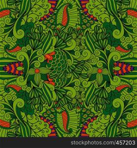 Green toned floral background with patterns in vintage styles and floral elements. Green toned background with floral patterns