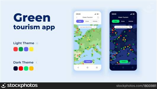Green tourism app cartoon smartphone interface vector templates set. Mobile app screen page day and dark mode design. Geo-data based map system UI for application. Phone display. Green tourism app cartoon smartphone interface vector templates set