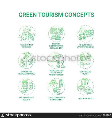Green tourism concept icons set. Reduce water consumption. Discovering eco tourism advantages. Natural environment idea thin line RGB color illustrations. Vector isolated outline drawings. Green tourism concept icons set