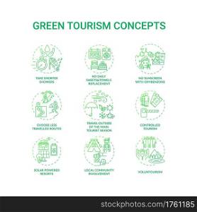 Green tourism concept icons set. Reduce water consumption. Discovering eco tourism advantages. Natural environment idea thin line RGB color illustrations. Vector isolated outline drawings. Green tourism concept icons set