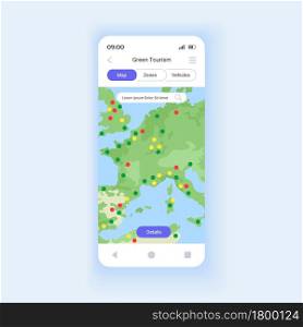 Green tourism smartphone interface vector template. Mobile app page design layout. Geo-data based map system screen. Badge, vignette or registration is required. Flat UI for application. Phone display. Green tourism smartphone interface vector template