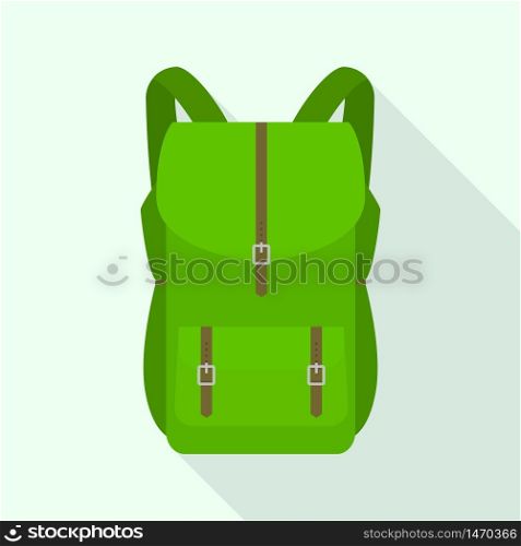 Green tourist backpack icon. Flat illustration of green tourist backpack vector icon for web design. Green tourist backpack icon, flat style