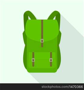 Green tourist backpack icon. Flat illustration of green tourist backpack vector icon for web design. Green tourist backpack icon, flat style
