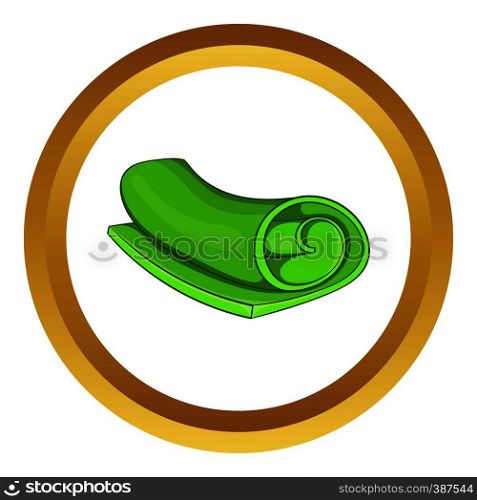 Green towel rolled up vector icon in golden circle, cartoon style isolated on white background. Green towel rolled up vector icon