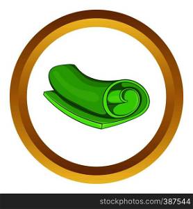 Green towel rolled up vector icon in golden circle, cartoon style isolated on white background. Green towel rolled up vector icon