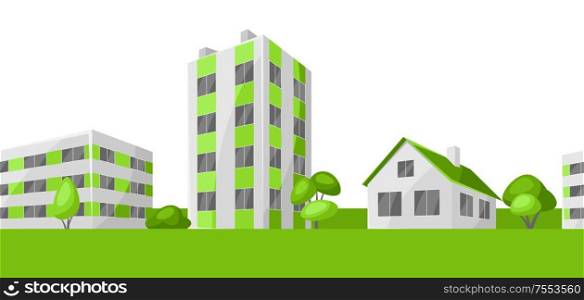 Green town concept illustration. Ecologically clean buildings in city.. Green town concept illustration.