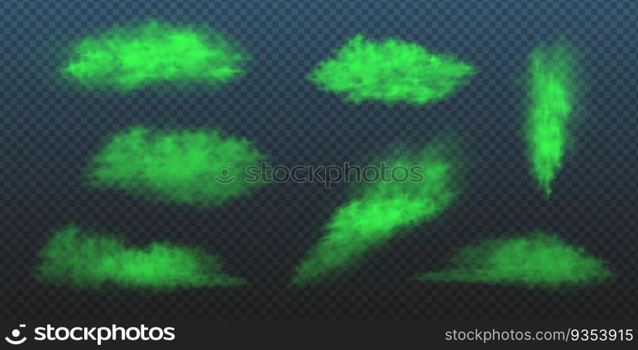 Green toxic smokes set. Vector realistic illustration of stink poison clouds, looking like fart, chemical vapour or bad odor breath. Collection of unpleasant bad smells on transparent background.. Green toxic smokes set. Vector realistic illustration of stink poison clouds, looking like fart, chemical vapour or bad odor breath. Collection of unpleasant bad smells on transparent background