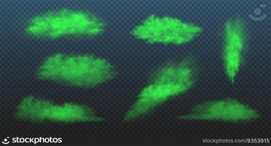 Green toxic smokes set. Vector realistic illustration of stink poison clouds, looking like fart, chemical vapour or bad odor breath. Collection of unpleasant bad smells on transparent background.. Green toxic smokes set. Vector realistic illustration of stink poison clouds, looking like fart, chemical vapour or bad odor breath. Collection of unpleasant bad smells on transparent background