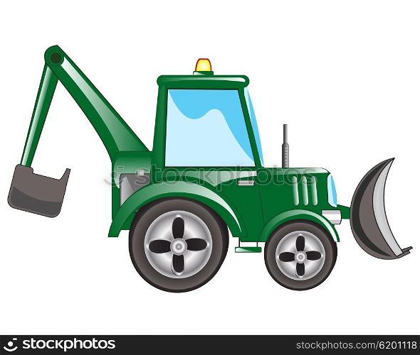 Green tractor excavator on white background is insulated. Green tractor excavator