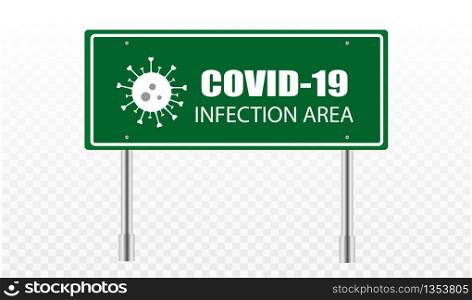 Green traffic road sign Infected area covid-19 on transparent background. Vector illustration.