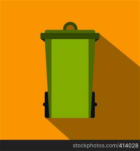 Green trash bin icon. Flat illustration of green trash bin vector icon for web on yellow background. Green trash bin icon, flat style