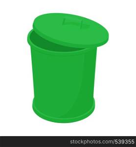 Green trash can icon in cartoon style on a white background. Green trash can icon, cartoon style