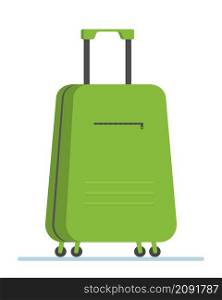 Green travel suitcase case for journey vacation tourism shopping magazine. Trolley luggage bag. Baggage for airplane.Flat design style modern vector illustration icons of travel by plane.Isolated on stylish background. Vector illustration.. Green travelling baggage suitcase. Flat design style modern vector illustration icons of travel by plane.