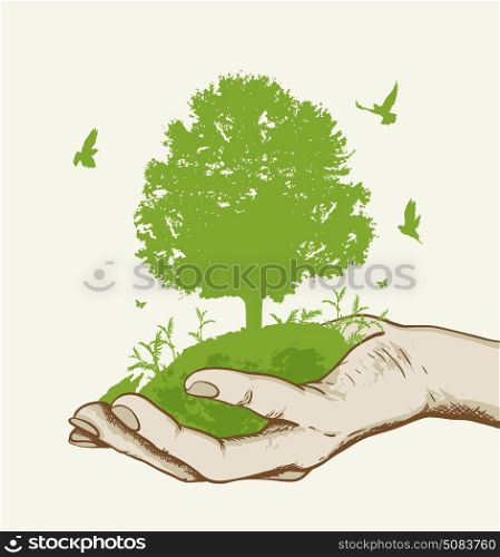 Green tree and birds in the hand. Ecology concept.