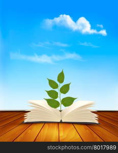 Green tree growing from open book. Vector.
