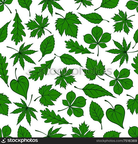 Green tree leaves seamless pattern with oak, maple and birch foliage elements. Green tree leaves seamless pattern