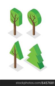 Green Tree Set Icons. Green tree set icons. Isometric green tree with shadow. Brown wood with green crown. City isometric object in flat. Isolated vector illustration on white background.