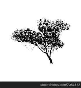 Green tree silhouette, handdrawn watercolor splashes, isolated on white background. Vector artistic illustration. Green tree isolated on white background