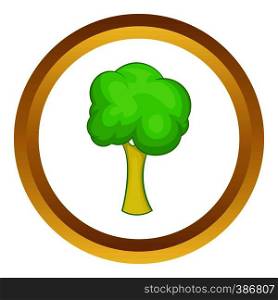 Green tree vector icon in golden circle, cartoon style isolated on white background. Green tree vector icon