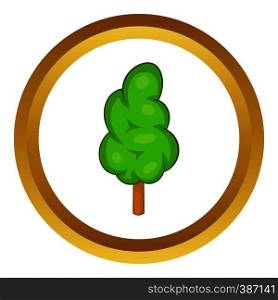 Green tree vector icon in golden circle, cartoon style isolated on white background. Green tree vector icon