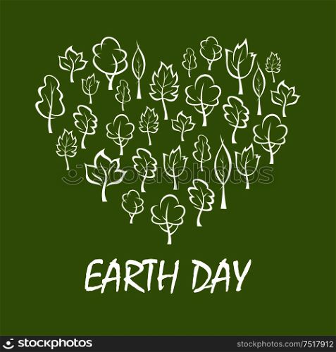 Green trees and plants arranged into a shape of heart symbol with caption Earth Day below. Concept illustration for save earth and eco friendly theme design. Heart with trees symbol for Earth Day design