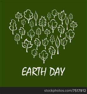 Green trees and plants arranged into a shape of heart symbol with caption Earth Day below. Concept illustration for save earth and eco friendly theme design. Heart with trees symbol for Earth Day design