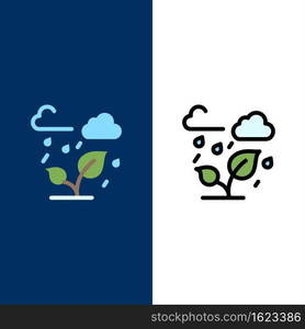 Green, Trees, Cloud, Leaf Icons. Flat and Line Filled Icon Set Vector Blue Background