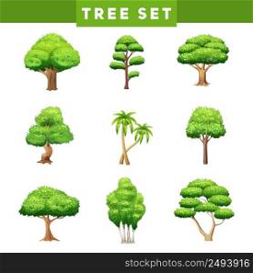 Green trees flat pictograms collection with various foliage and crown shapes abstract isolated vector illustration. Tree Crowns Flat Icons Set