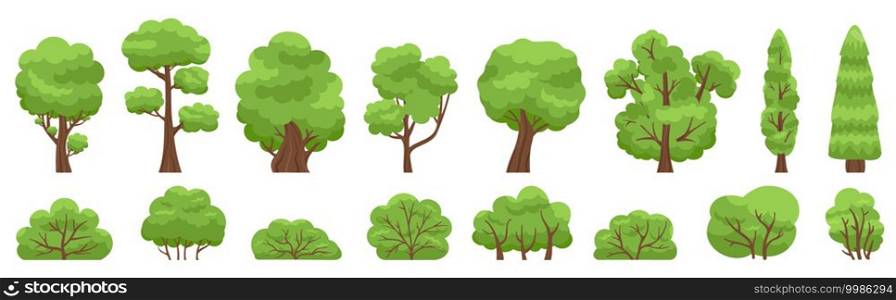 Green trees. Forest or garden bush and tree, woody foliage green branches. Nature forest and park green trees vector illustration set. Bush green and trees environment shape. Green trees. Forest or garden bush and tree, woody foliage green branches. Nature forest and park green trees vector illustration set