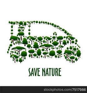 Green trees icons creating a silhouette of modern eco friendly car. Green vehicle theme, save nature concept or t-shirt print design. Ecological car symbol composed of green trees