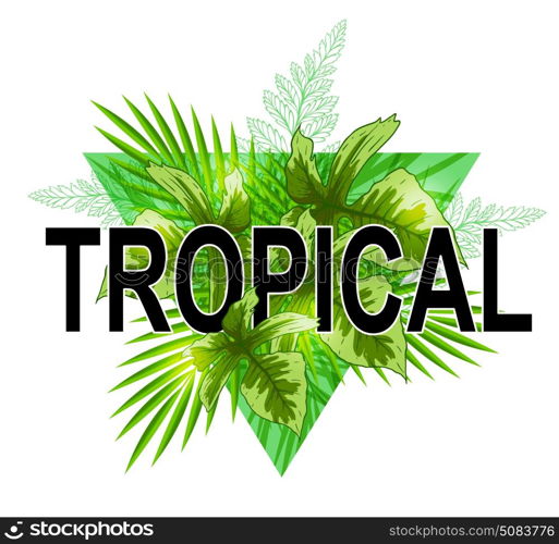 Green triangle with palm leaves. Abstract tropical summer background.