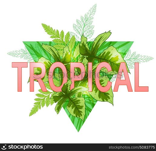 Green triangle with palm leaves. Tropical summer background.