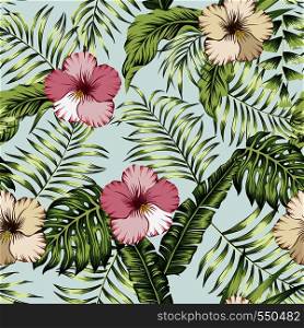 Green tropical banana palm leaves and pink, brown hibiscus seamless pattern on the white background. Realistic vector botanical composition