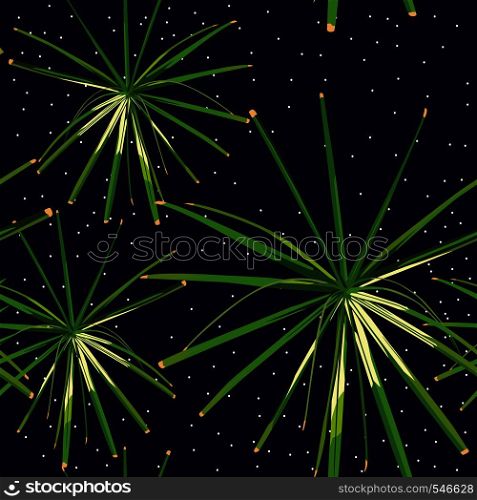 Green tropical exotic plants seamless pattern night stars background. Vector trendy space composition