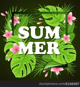 Green tropical leaves and flowers on a black background. Vector summer floral frame.