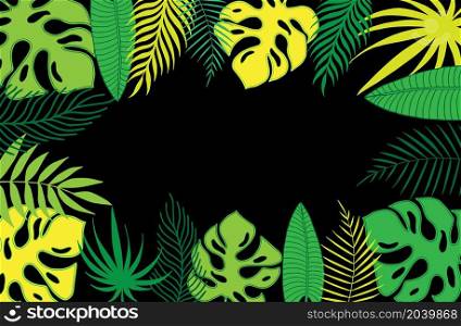 Green tropical leaves collection on black background. Vector illustration. Frame, template, banner.