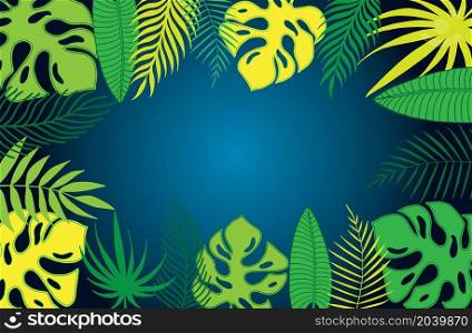 Green tropical leaves collection on blue background. Vector illustration. Frame, template, banner.