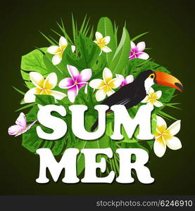 Green tropical leaves, flowers and toucan on a black background. Vector summer banner.